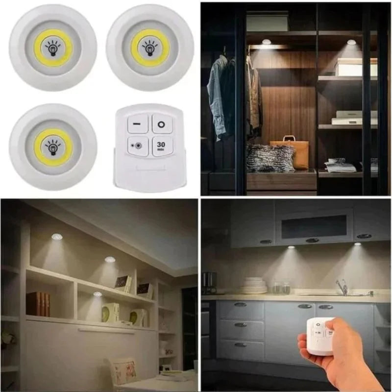 Pack of 3 LED Remote Control Tap Lights | Self-Adhesive Cabinet, Wardrobe & Kitchen Lights