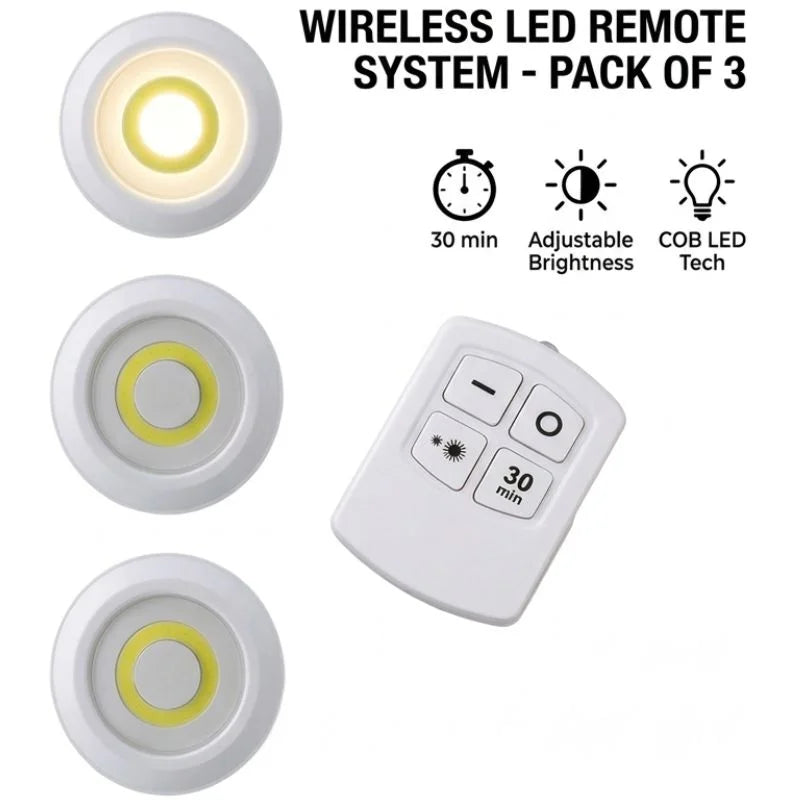 Pack of 3 LED Remote Control Tap Lights | Self-Adhesive Cabinet, Wardrobe & Kitchen Lights